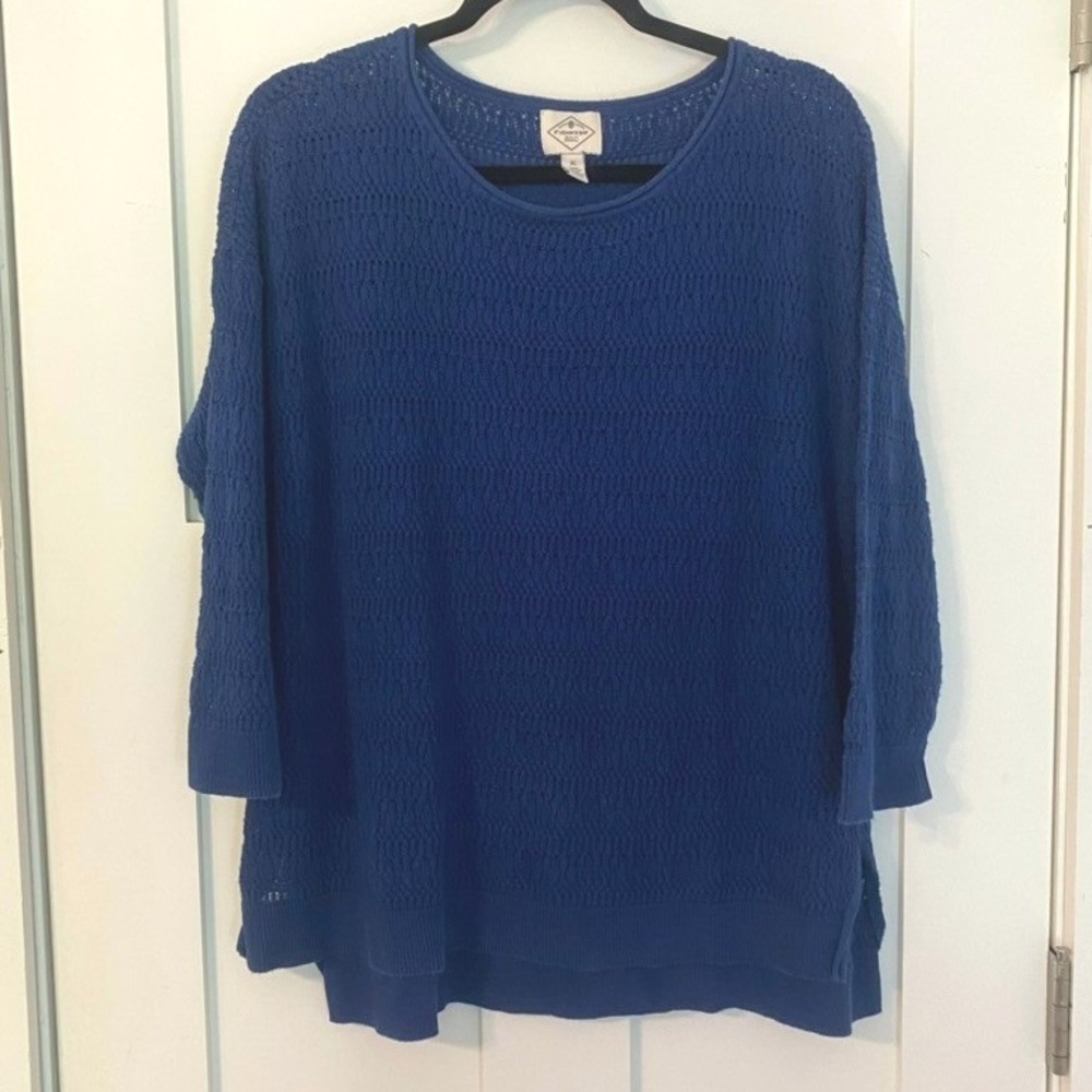 Womens Blue Open Knit Crew Neck 3/4 Sleeve Pullover Sweater XL Beach Coastal